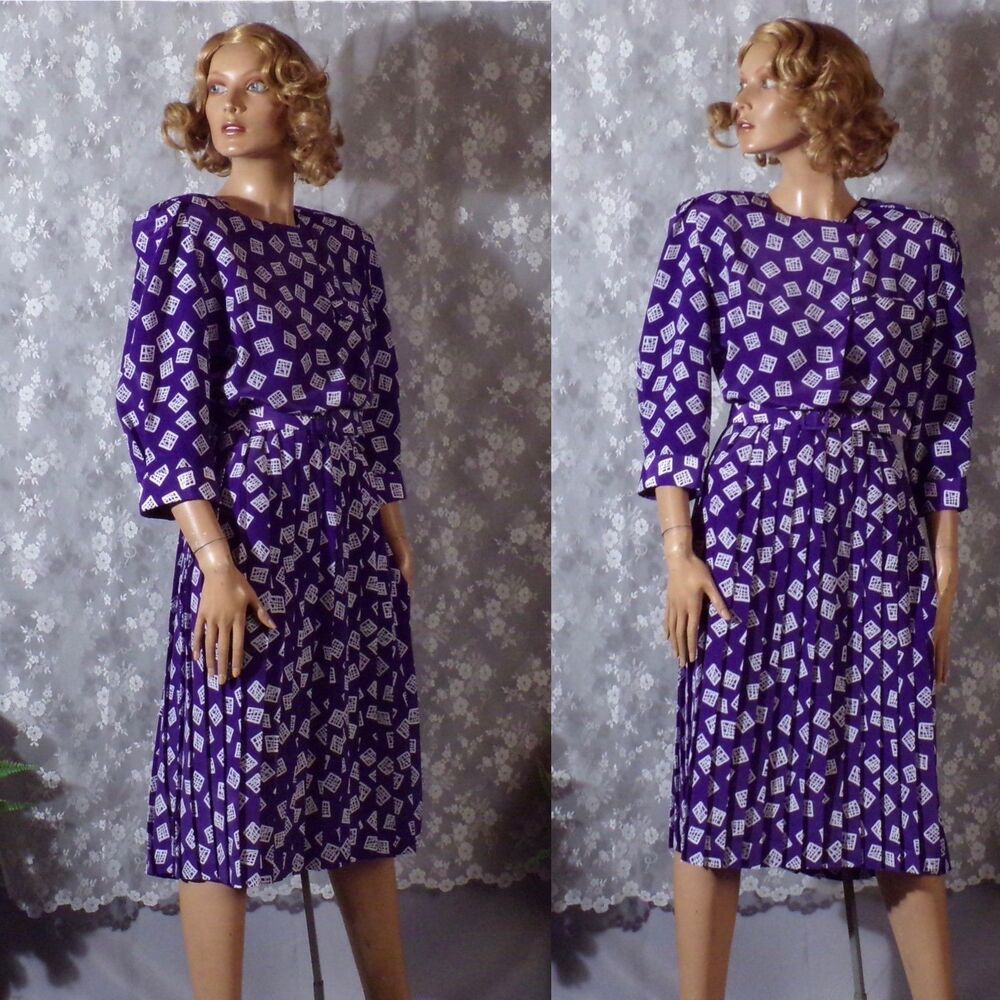 Vintage 80s Purple & White Dress Size Large 1980s Retro New Wave Secretary Geek